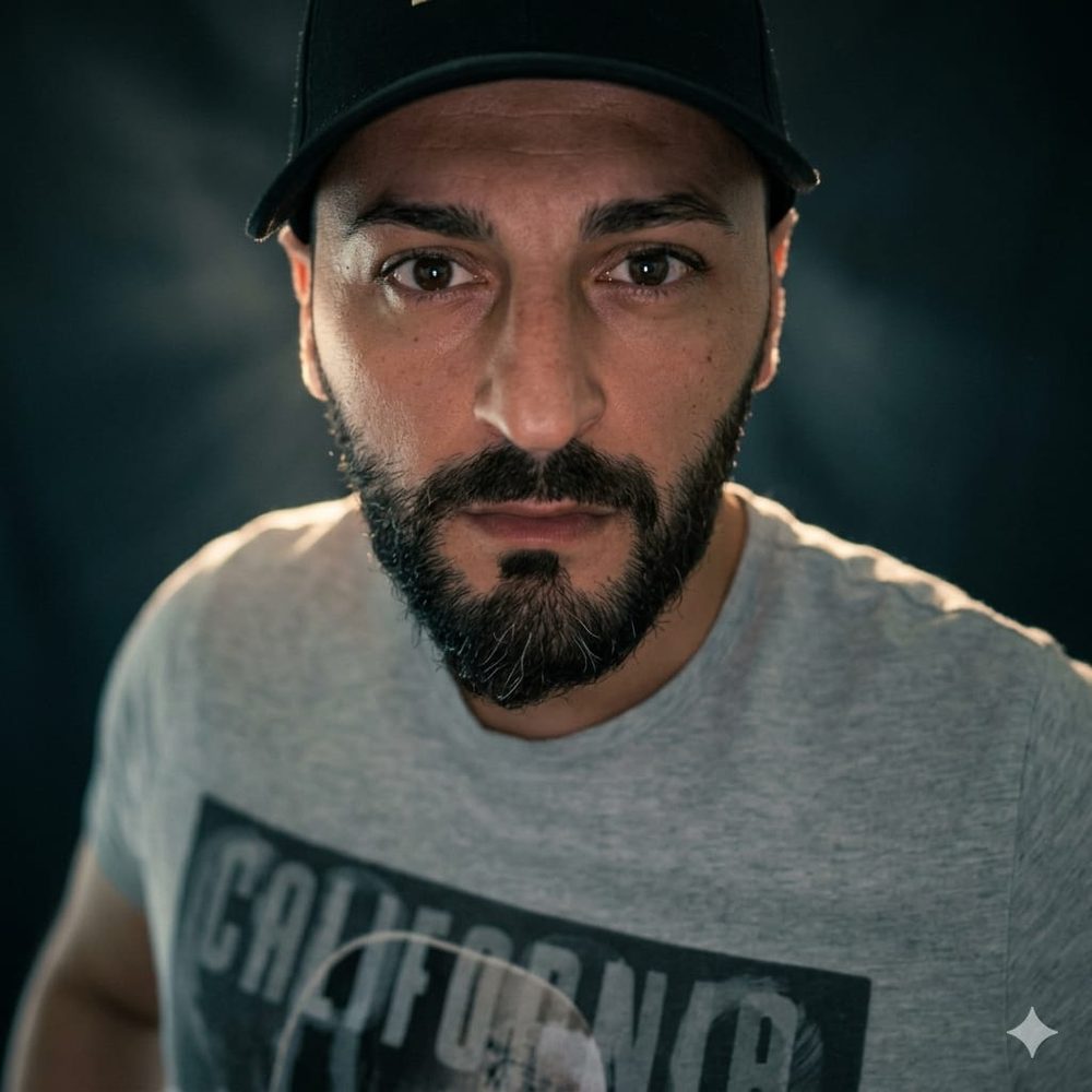 Ritratto frontale di Samuel La Manna con cappellino, estetica urban